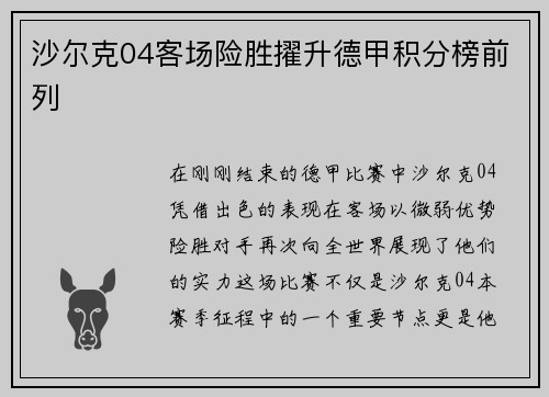 沙尔克04客场险胜擢升德甲积分榜前列